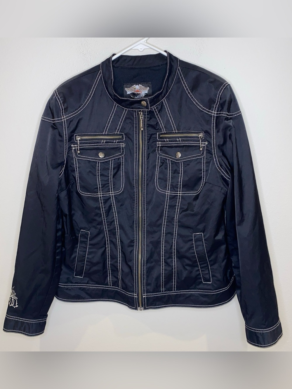 Harley Davidson 2009 Rhinestone Spell Out Windbreaker Jacket Woman's XL Black